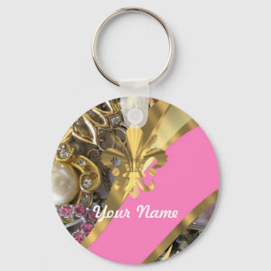 Gold bling fleur de lys key ring