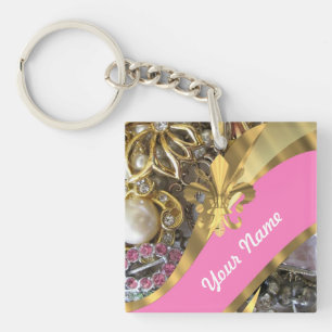 Gold bling fleur de lys key ring
