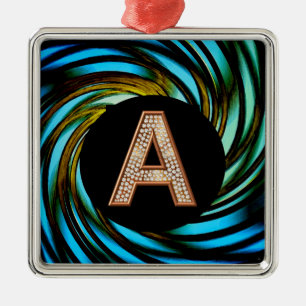 Gold Bling Letter A Teal Swirl Metal Tree Decoration