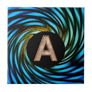 Gold Bling Letter A Teal Swirl Tile