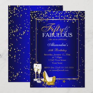 Gold Blue 50 Fabulous Birthday champagne party Invitation