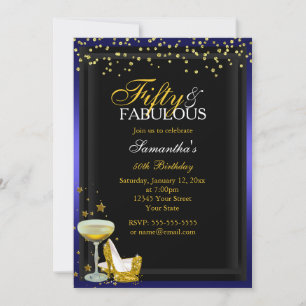 Gold & Blue 50 & Fabulous Birthday Invitation