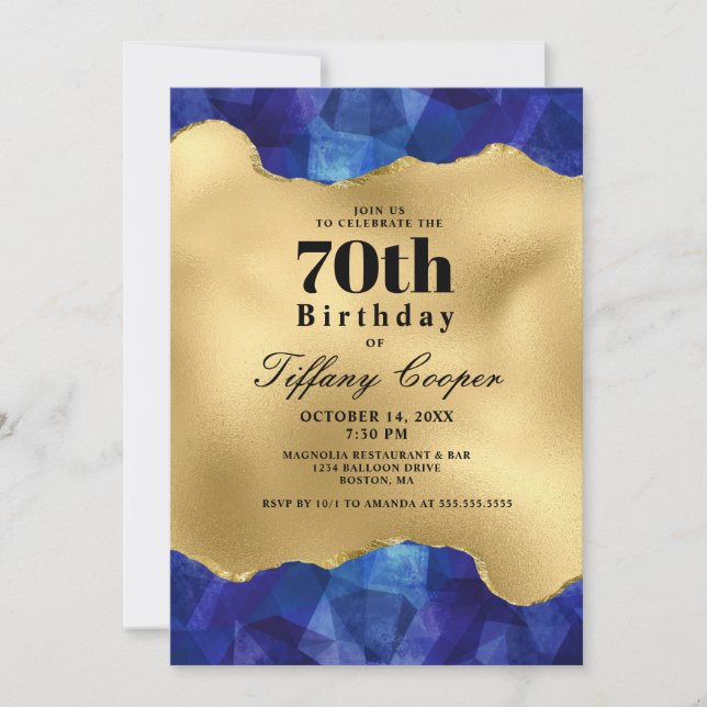 Gold Blue 70th Birthday Party Invitation (Front)