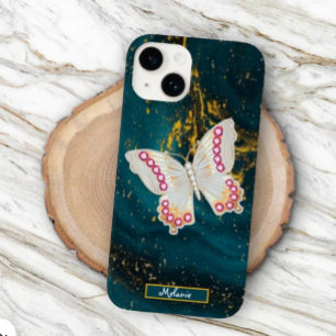  Gold Blue Acrylic Paint Butterfly Monogram  Case-Mate iPhone 14 Case