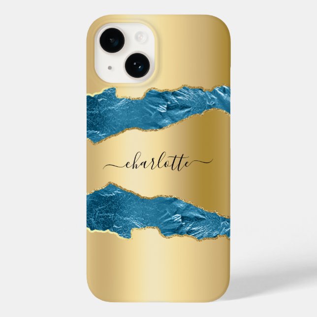Gold blue agate marble name script  Case-Mate iPhone case (Back)