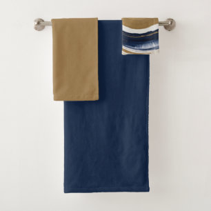 gold blue and beige abstract brushstrokes bath towel set