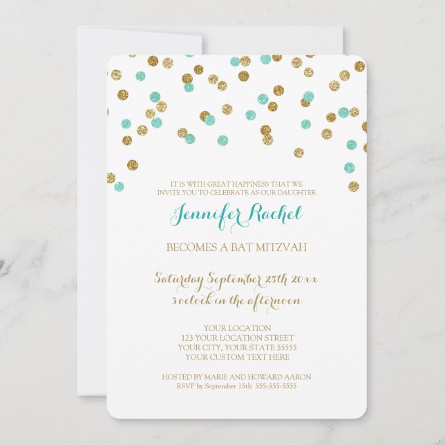 Gold Blue Aqua Confetti Bat Mitzvah Invitations (Back)