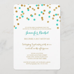 Gold Blue Aqua Confetti Bat Mitzvah Invitations