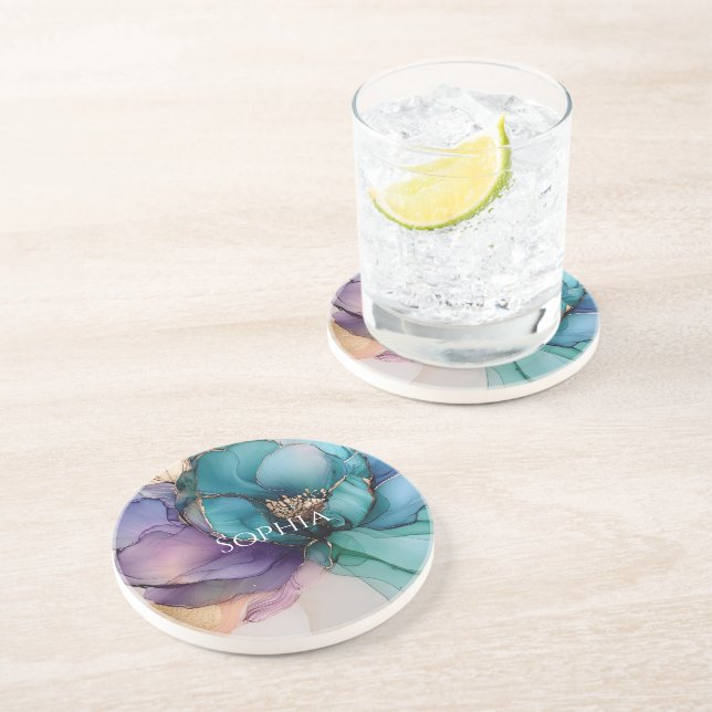 Gold Blue Aqua Purple Flower Bridal Shower Coaster (Side)