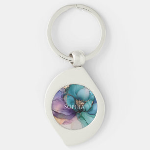 Gold Blue Aqua Purple Flower Bridal Shower Key Ring