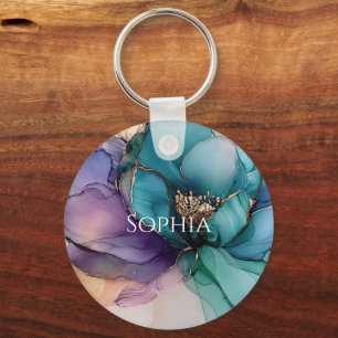 Gold Blue Aqua Purple Flower Bridal Shower Key Ring