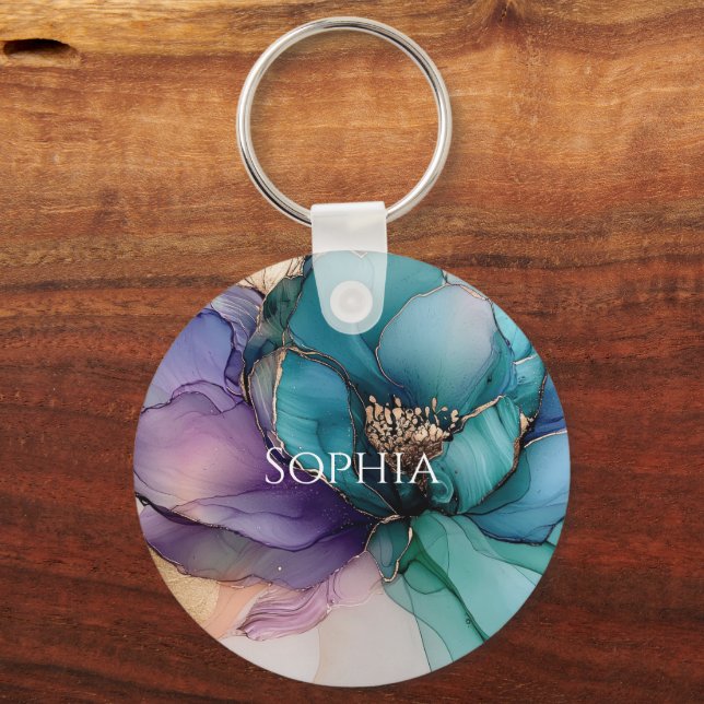 Gold Blue Aqua Purple Flower Bridal Shower Key Ring (Front)