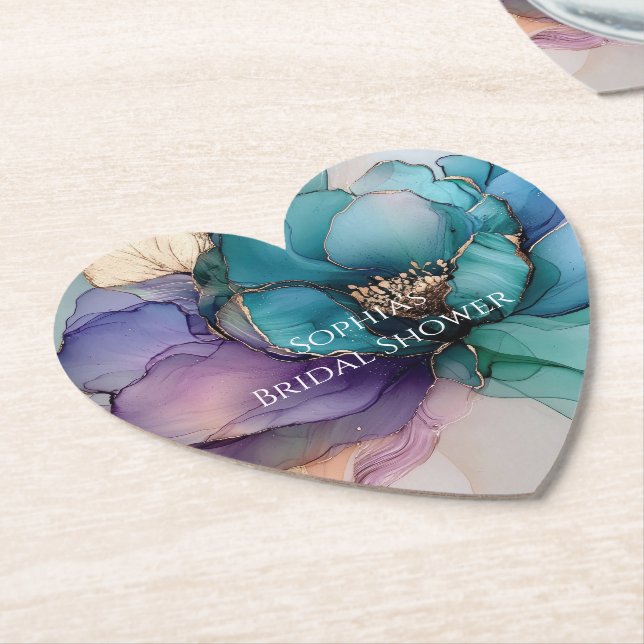 Gold Blue Aqua Purple Flower Bridal Shower Paper Coaster (Angled)