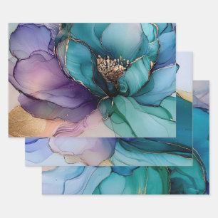 Gold Blue Aqua Purple Flower Bridal Shower Wrapping Paper Sheet