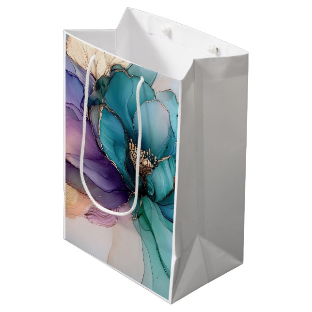 Gold Blue Aqua Purple Flower Medium Gift Bag (Front Angled)