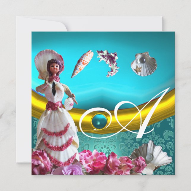 GOLD BLUE AQUAMARINE DAMASK BEACH WEDDING MONOGRAM INVITATION (Front)