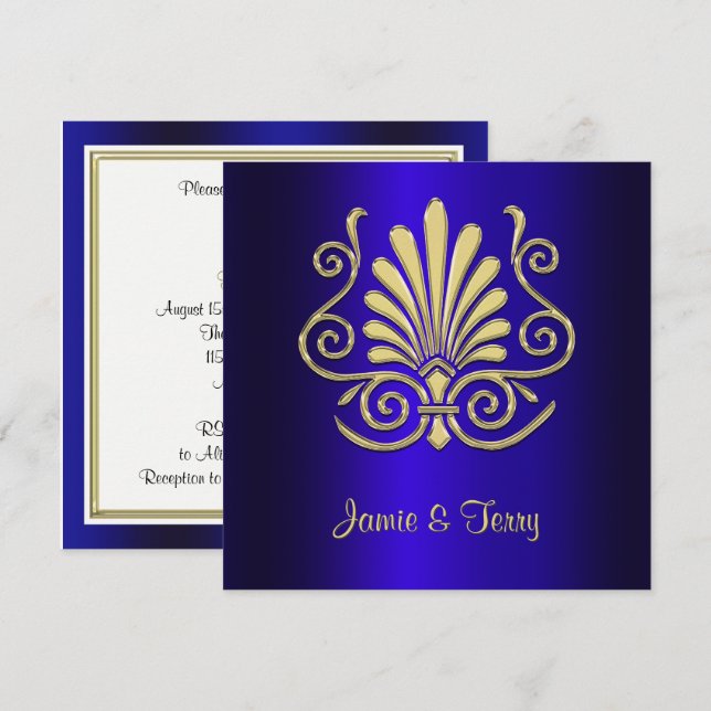 Gold Blue Art Deco Damask Wedding Invite 2 (Front/Back)