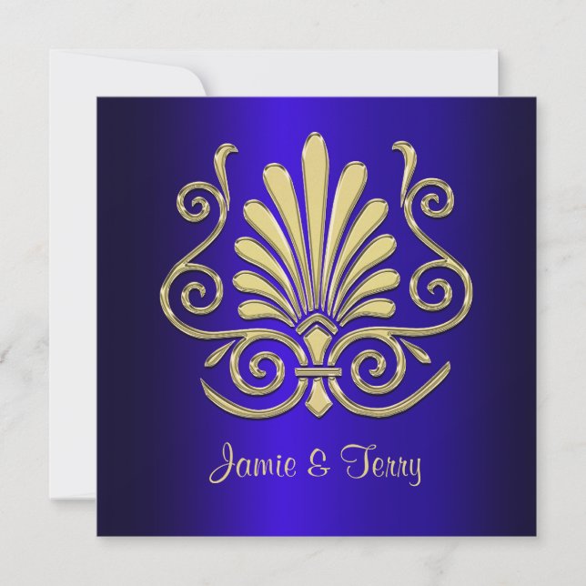 Gold Blue Art Deco Damask Wedding Invite 2 (Front)