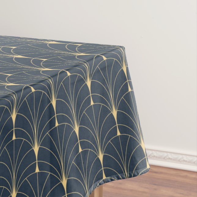 Gold Blue Art Deco Fan Pattern Tablecloth (In Situ)