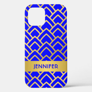 Gold Blue Art Deco Geometric Pattern Personalise iPhone 12 Case