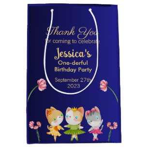 Gold Blue Ballerina Cat Kids Birthday Party Medium Gift Bag