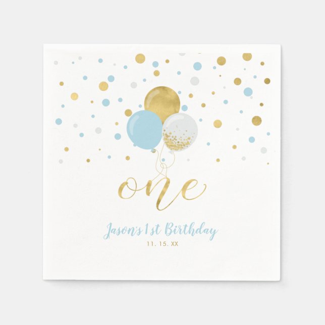 Gold & Blue | Balloons, Confetti Boy 1st Birthday Napkin (Front)