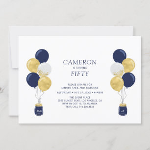 Gold & Blue Balloons Modern Adult Birthday Party Invitation