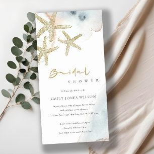GOLD BLUE BEACHY STARFISH BRIDAL SHOWER INVITE