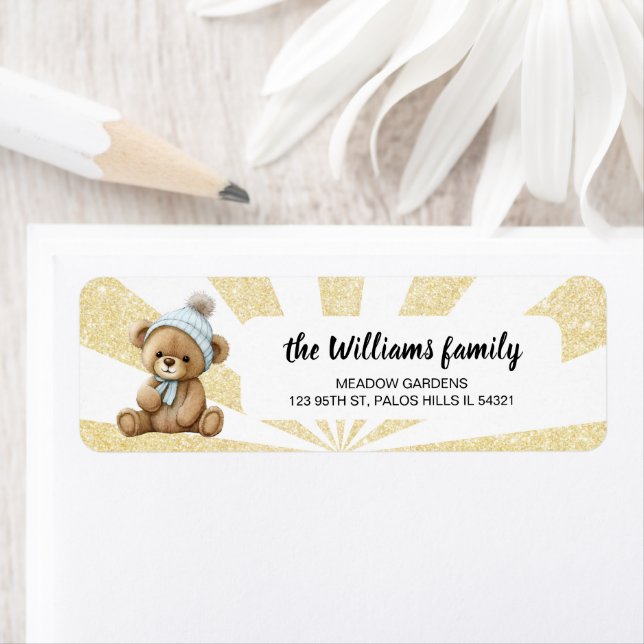 Gold blue bear baby boy shower address labels (Insitu)