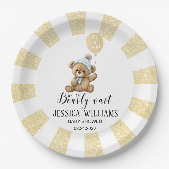 Gold blue bear balloon baby shower paper plate (Front)