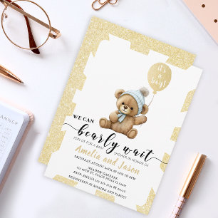 Gold blue bear balloon boy baby shower invitation