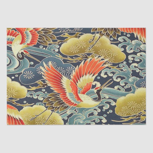Gold Blue Bird Japanese Kimono Floral Decoupage Tissue Paper (Front)
