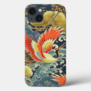 Gold Blue Bird Oriental Japanese Kimono Floral  iPhone 13 Case