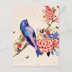 Gold Blue Bird Red Floral Butterfly Glitter Holiday Postcard