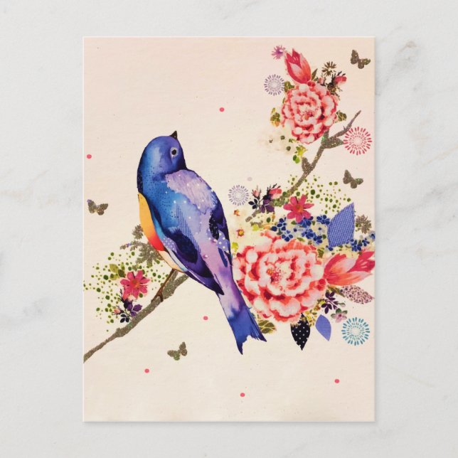 Gold Blue Bird Red Floral Butterfly Glitter Postcard (Front)