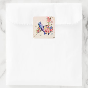 Gold Blue Bird Red Floral Butterfly Glitter Square Sticker