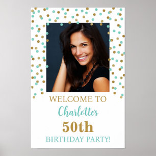 Gold Blue Birthday Party Custom 12x18 Photo Poster