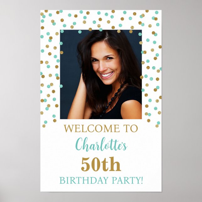 Gold Blue Birthday Party Custom 12x18 Photo Poster (Front)