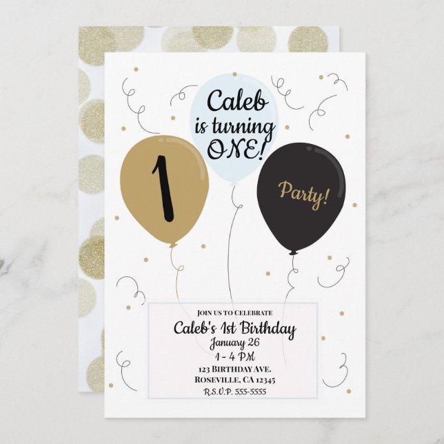 Gold Blue & Black Balloons Boys 1st Birthday Party Invitation (Front/Back)