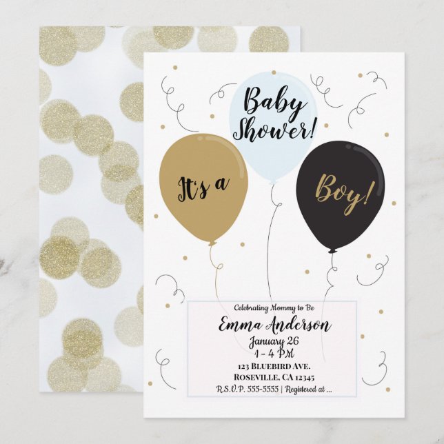 Gold Blue & Black Balloons It's a Boy Baby Shower Invitation (Front/Back)