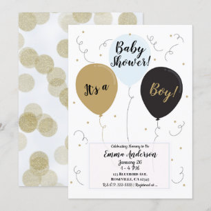 Gold Blue & Black Balloons It's a Boy Baby Shower Invitation