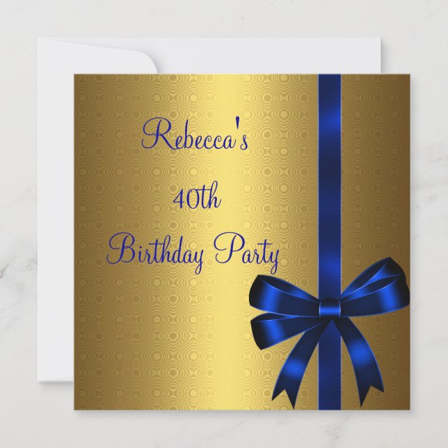 Gold Blue Bow 40th Elegant Birthday Party Invitation (Front)