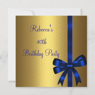 Gold Blue Bow 40th Elegant Birthday Party Invitation