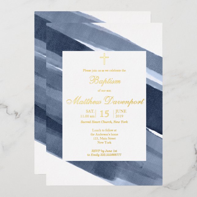 Gold Blue Boy Baptism  Foil Invitation (Front/Back)