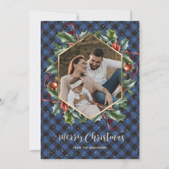 Gold Blue Buffalo Plaid Photo Christmas Cards (Front)