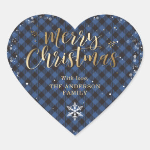 Gold Blue Buffalo Plaid Snowflake Merry Christmas Heart Sticker