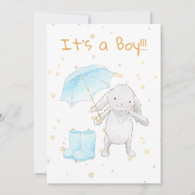 *~* Gold Blue Bunny Umbrella Shower Invitation (Front)