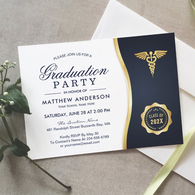 Gold Blue Caduceus Medical School Graduation Party Invitation (Creator Uploaded)