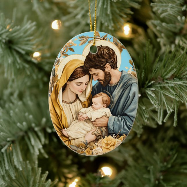 Gold Blue Christian Holy Family Christmas Ceramic Tree Decoration (Tree)