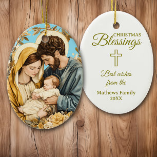 Gold Blue Christian Holy Family Christmas Ceramic Tree Decoration